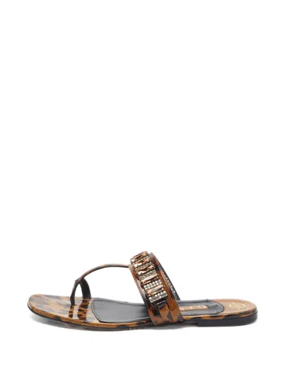 Pre-owned Gina Leopard-print Crystal-embellished Sandals In Brown