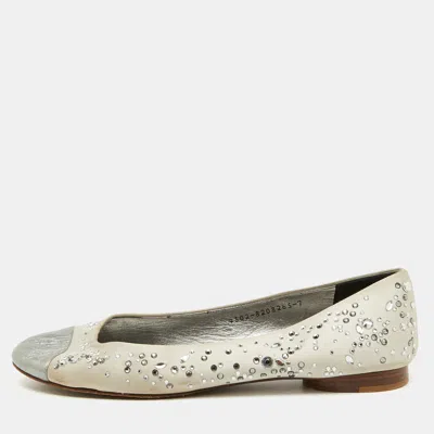 Gina Light Grey/silver Satin And Leather Crystal Embellished Ballet Flats In White