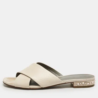 Pre-owned Gina Light Peach Leather Bourdin Flat Sandals Size 42 In Orange