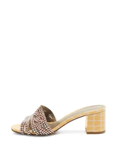 Pre-owned Gina Loren Crocodile-embossed Leather Sandals In Yellow