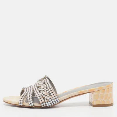 Pre-owned Gina Loren Size 37 Beige Leather Crystal Embellished Slide Sandals