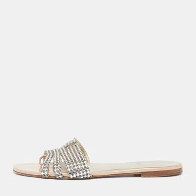 Pre-owned Gina Loren Size 38 Beige Patent Leather Crystal Embellished Flat Slide Sandals