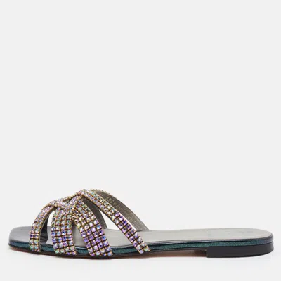 Pre-owned Gina Loren Size 38 Multicolor Leather Crystal Embellished Flat Slides