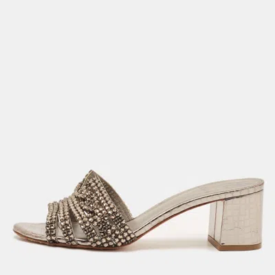 Pre-owned Gina Loren Size 38.5 Silver Croc Embossed Leather Crystal Embellished Slide Sandals