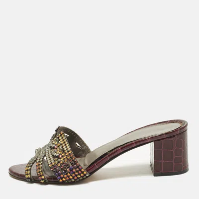 Pre-owned Gina Loren Size 40.5 Two Tone Croc Embossed Leather Crystal Embellished Slide Sandals In Burgundy