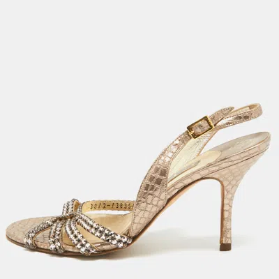 Pre-owned Gina Metallic Crystal Embellished Embossed Python Slingback Sandals Size 37