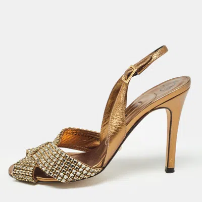 Pre-owned Gina Metallic Crystal Embellished Leather Slingback Pumps Size 37