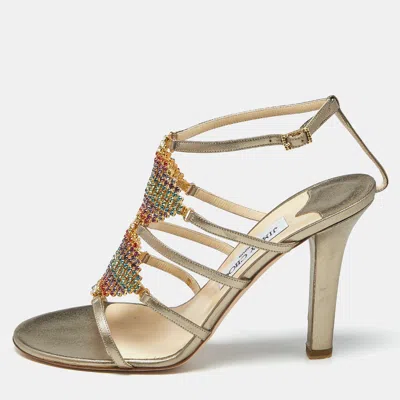 Pre-owned Gina Metallic Gold Leather Crystal Embellished Ankle Strap Sandals Size 39