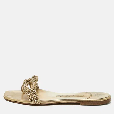 Pre-owned Gina Metallic Gold Leather Crystal Embellished Flat Sandals Size 37