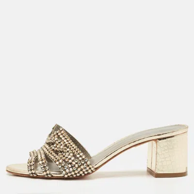 Pre-owned Gina Metallic Gold Leather Crystal Embellished Slide Sandals Size 39.5