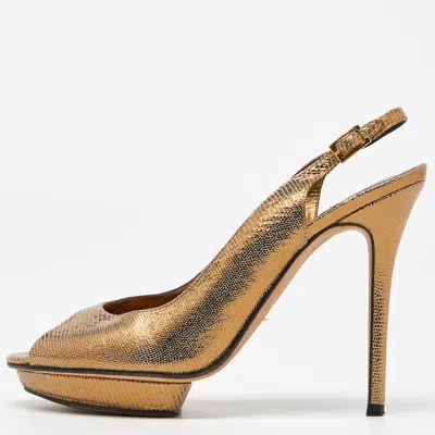 Pre-owned Gina Metallic Gold Lizard Embossed Leather Platform Peep Toe Slingback Sandals Size 39