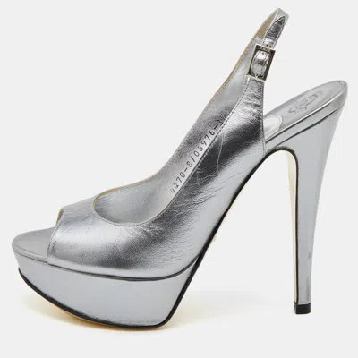 Gina Metallic Grey Leather Open Toe Platform Slingback Pumps In Silver