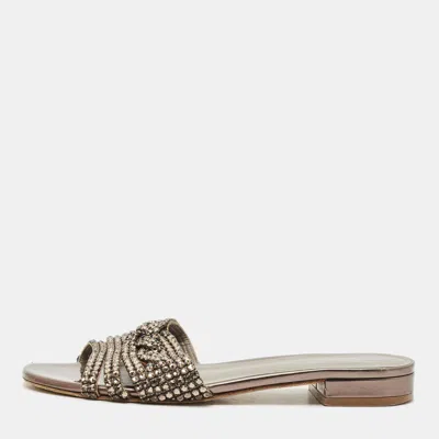Pre-owned Gina Metallic Leather Crystal Embellished Loren Flat Slide Size 39.5