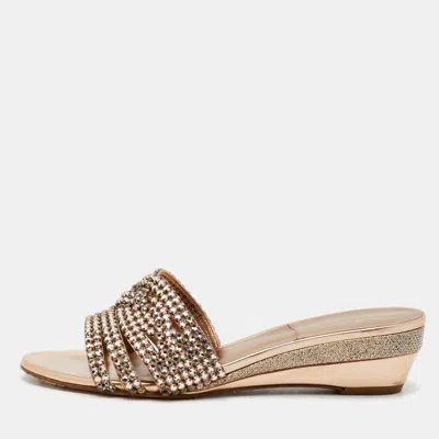 Pre-owned Gina Metallic Leather Crystal Embellished Sandals Size 38 In Silver