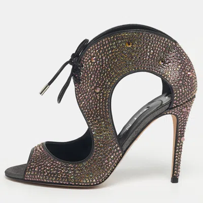 Pre-owned Gina Metallic Satin Crystal Embellished Cut Out Sandals Size 40 In Silver