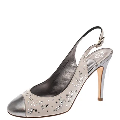 Gina Metallic Silver Satin And Leather Crystal Embellished Slingback Sandals In Multi