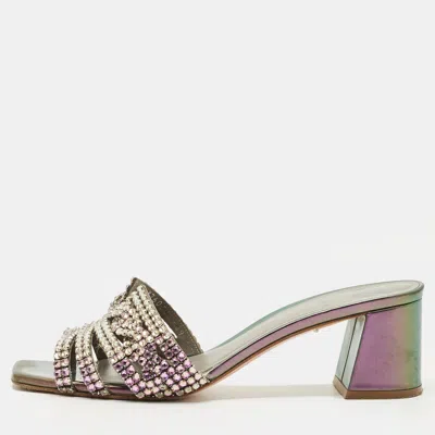 Pre-owned Gina Multicolor Leather Crystal Embellish Utah Slide Sandals Size 39