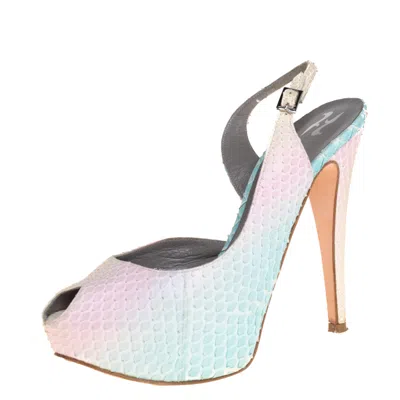 Pre-owned Gina Multicolor Python Leather Peep Toe Slingback Sandals Size 38.5