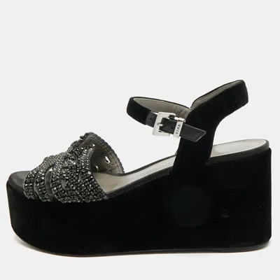 Pre-owned Gina Navy Blue Velvet Crystal Embellished Wedge Platform Ankle-strap Sandals Size 38.5