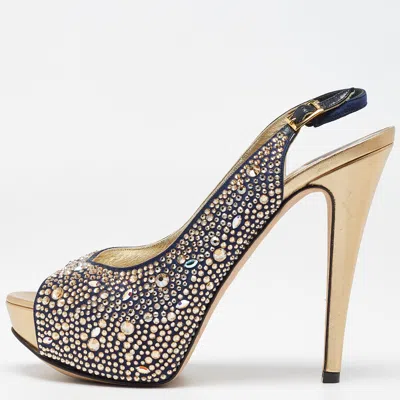 Pre-owned Gina Navy Blue/gold Crystal Embellished Satin Open Toe Slingback Sandals Size 39
