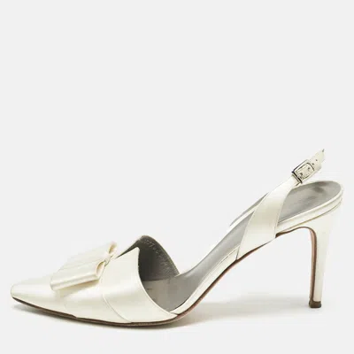 Pre-owned Gina Off White Satin Pointed Toe Slingback Pumps Size 38.5