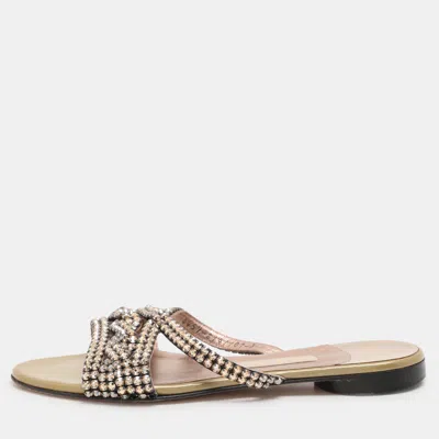 Gina Olive Crystals Embellished Flats Sandals In Neutral