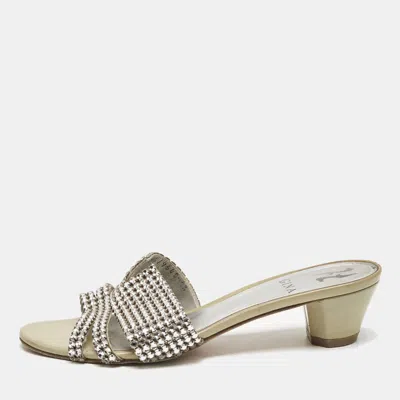 Pre-owned Gina Olive Green/silver Patent Leather Vida Crystals Slide Sandals Size 37.5
