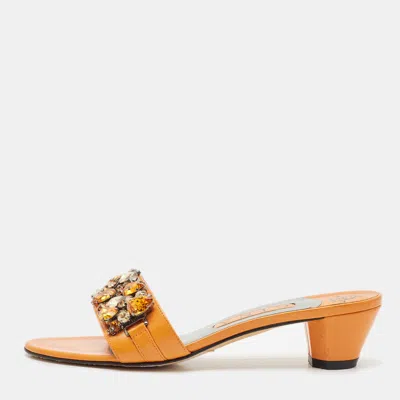 Pre-owned Gina Orange Leather Crystal Embellished Slide Sandals Size 38.5