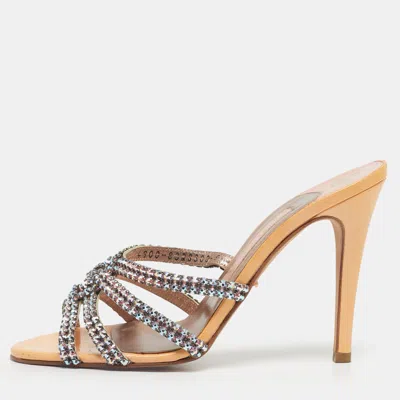 Pre-owned Gina Orange Leather Slide Crystal Embellished Slide Sandals Size 38