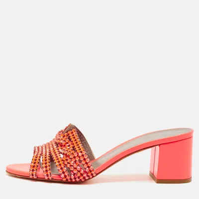 Pre-owned Gina Orange Patent Leather Crystal Embellish Arizona Slide Sandals Size 36.5