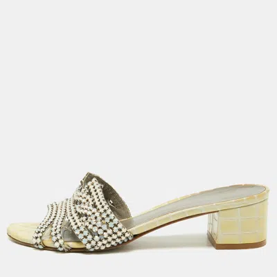 Pre-owned Gina Oregon Size 38 Beige Croc Embossed Leather Crystal Embellished Slide Sandals