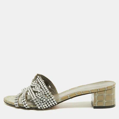 Pre-owned Gina Oregon Size 38 Grey Croc Embossed Leather Crystal Embellished Slide Sandals In Gray