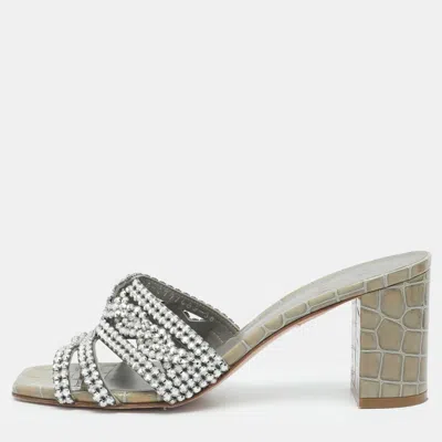 Pre-owned Gina Oregon Size 38 Grey Croc Embossed Leather Crystal Embellished Slide Sandals In Gray