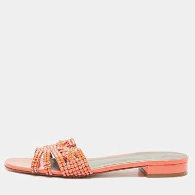 Pre-owned Gina Pink Crystal Embellished Leather Flat Sandals Size 41