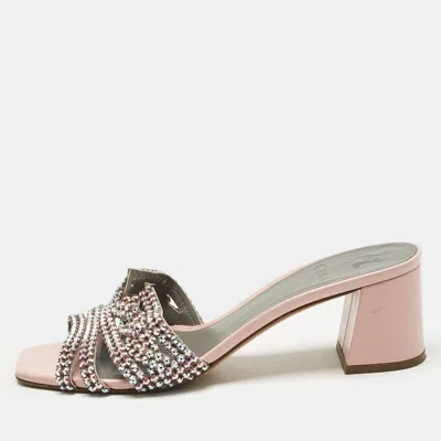 Pre-owned Gina Pink Leather Crystal Embellish Arizona Slide Sandals Size 38.5