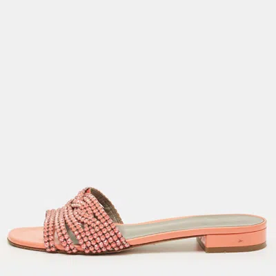 Pre-owned Gina Pink Leather Crystals Embellish Flat Sandals Size 40