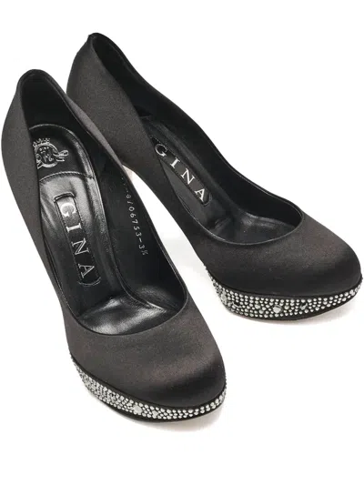 Pre-owned Gina  115mm Crystal-embellishment Satin Heeled Pumps In Black