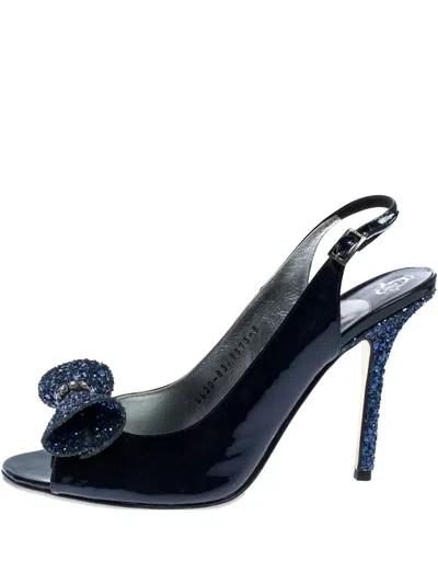Pre-owned Gina  115mm Bow-detail Sandals In Blue