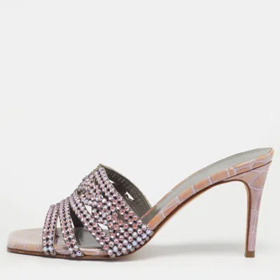 Pre-owned Gina Purple Croc Embossed Leather Slide Crystal Embellished Slide Sandals Size 37.5