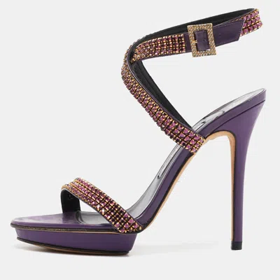 Pre-owned Gina Purple Leather Crystal Embellished Ankle Strap Sandals Size 38