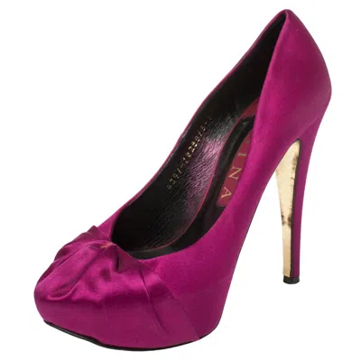 Pre-owned Gina Purple Satin Clair Hoodie Platform Pumps Size 38.5