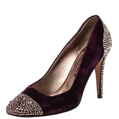 Pre-owned Gina Purple Velvet Crystal Embellishment Platform Pumps Size 40.5