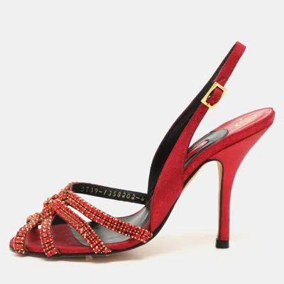 Pre-owned Gina Red Glitter Leather Crystal Embellished Slingback Sandals Size 37.5