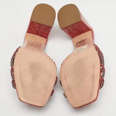 Pre-owned Gina Red Leather Crystal Embellished Slide Sandals Size 36