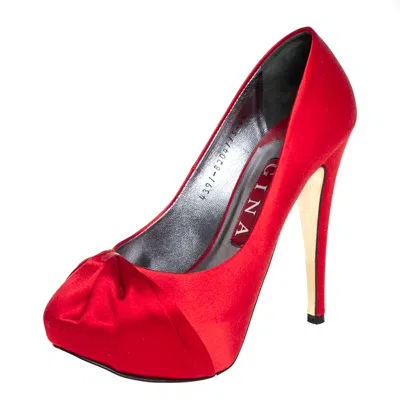 Pre-owned Gina Red Satin Platform Pumps Size 37.5