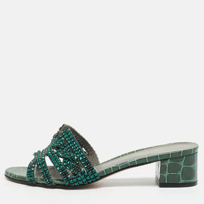 Pre-owned Gina Rodeo Size 37 Green Croc Embossed Leather Slide Sandals