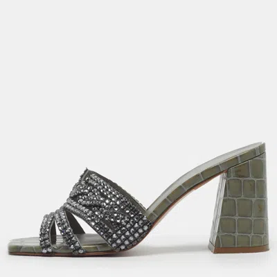 Pre-owned Gina Rodeo Size 37 Green Croc Embossed Patent Leather Slide Sandals