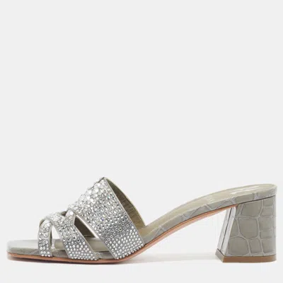 Pre-owned Gina Rodeo Size 37 Grey Croc Embossed Leather And Satin Crystal Embellished Slide Sandals In Gray