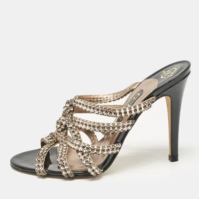 Pre-owned Gina Rose Gold Leather Crystal Embellished Slide Sandals Size 37 In Pink