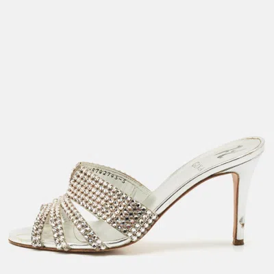 Pre-owned Gina Silver Crystal Embellished Leather Slide Sandals Size 38